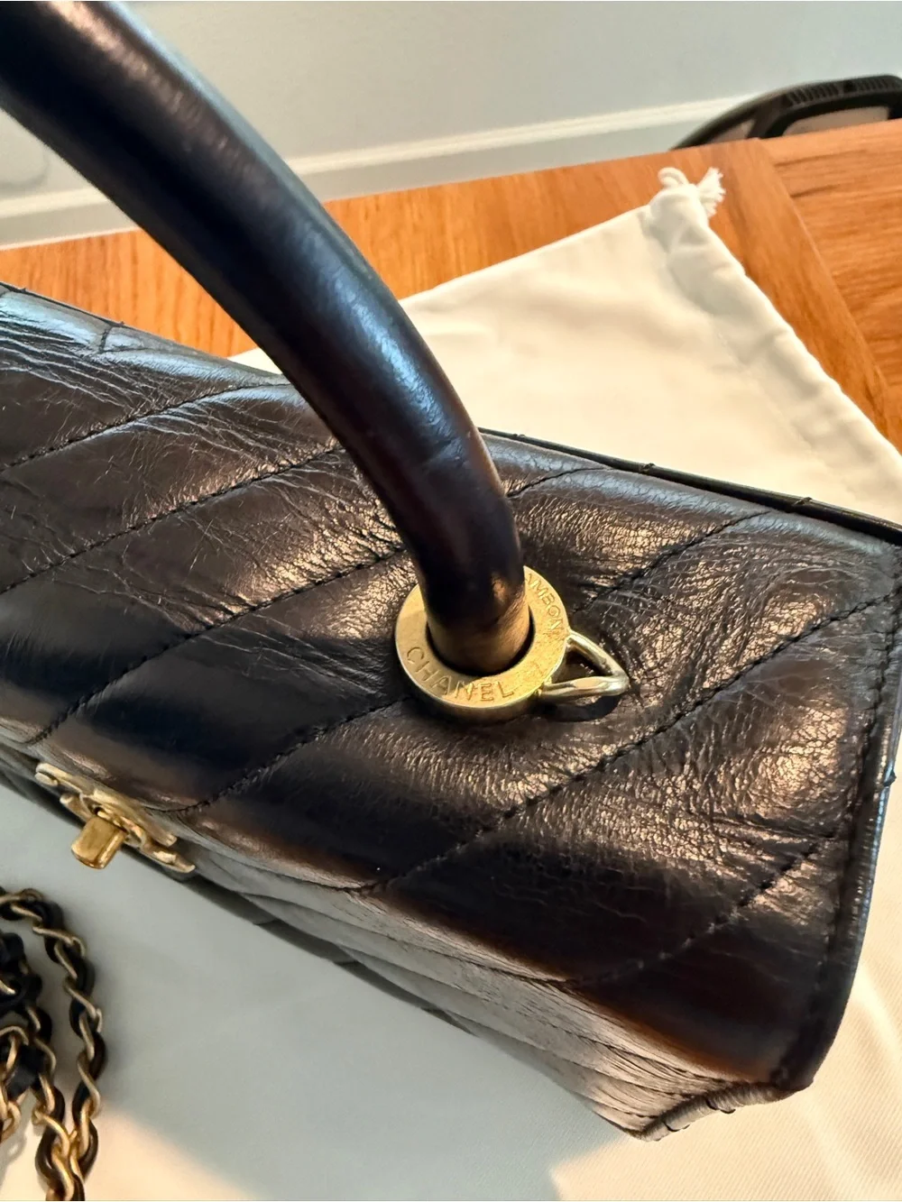 CHANEL Coco Handle Black Chevron Quilted Top-Handle Satchel with Gold Hardware